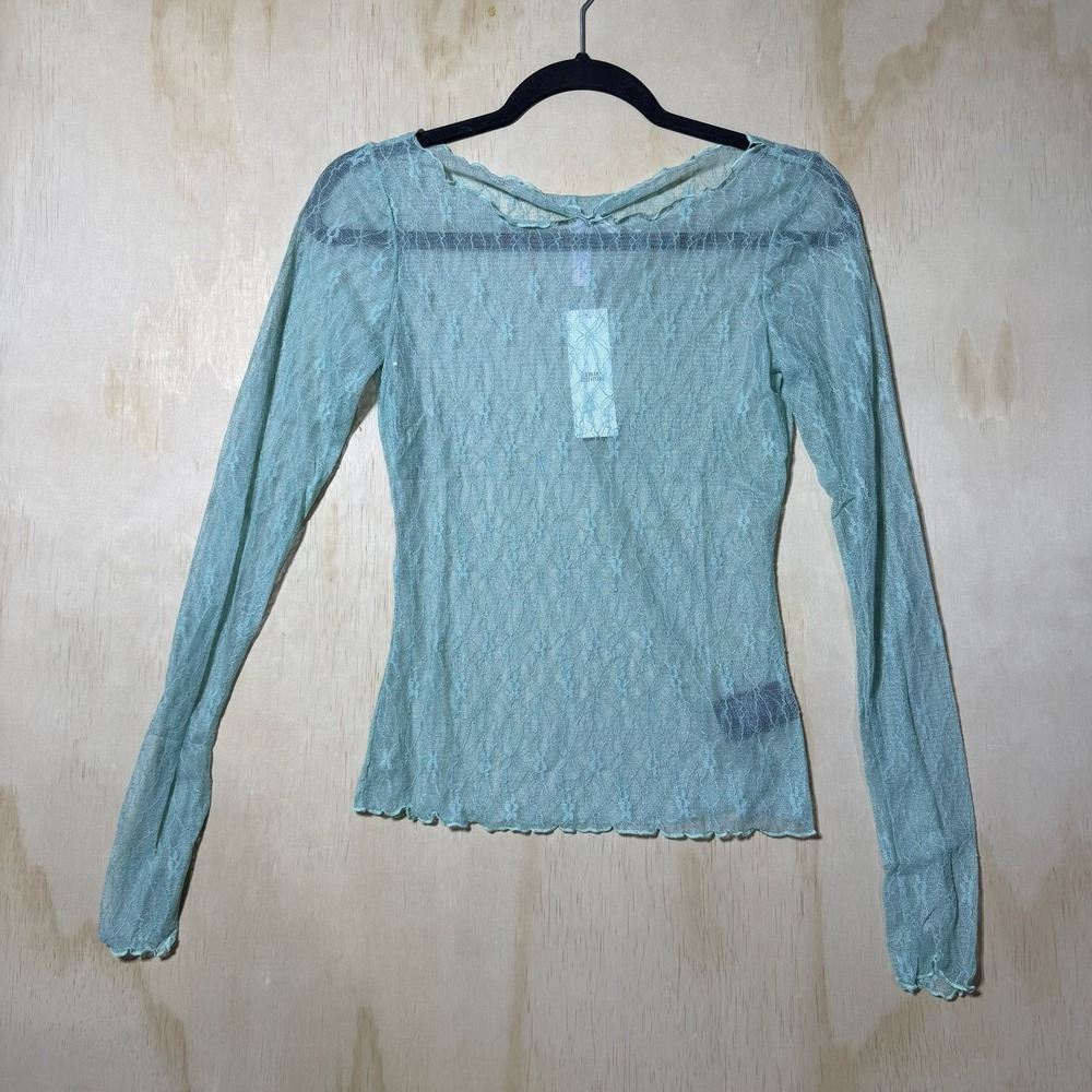 Urban Outfitters Libby Lace Layer Top Light Green Sheer Mesh Long Sleeve M NWT